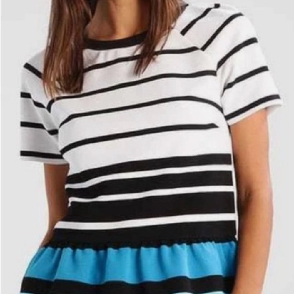 MICHAEL Michael Kors Black and White Striped Peplum with Blue Detail